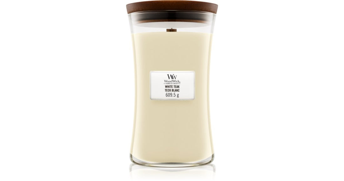 Woodwick White Teak candela profumata con stoppino in legno 609,5 g