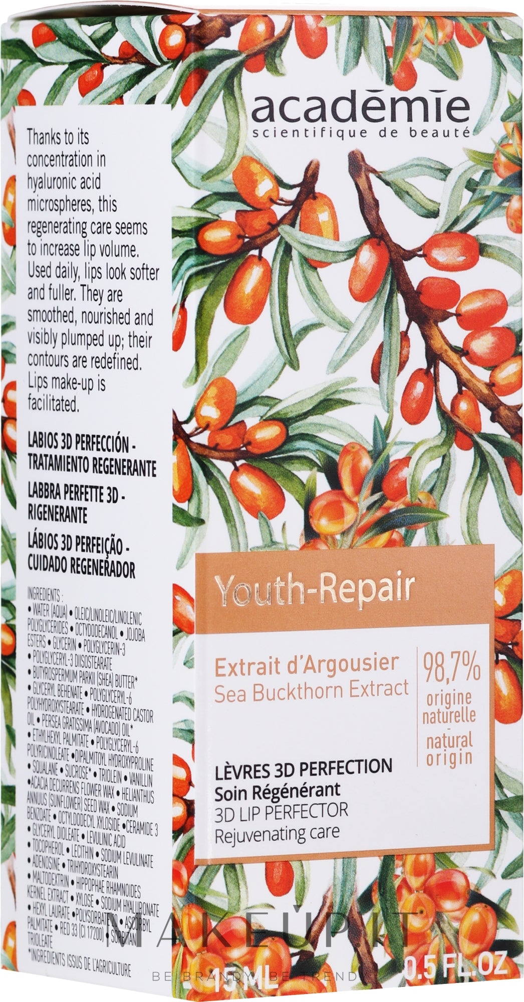 Balsamo labbra con estratto di olivello spinoso Academie Youth Repair Sea Buckthorn Extract 3D Lip Perfector 15 ml